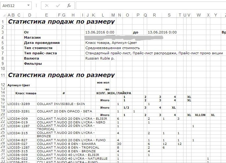 Загрузка из отчета Shoppy - Статистика продаж по размеру