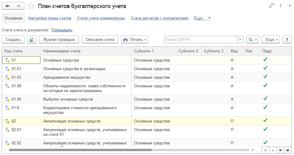 Настройка плана счетов